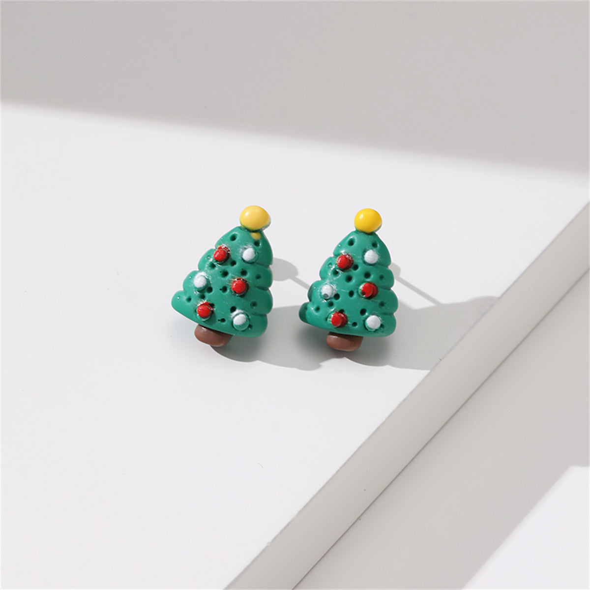 Green Resin and Silver-Plated Christmas Tree Stud Earrings, silver stud earrings for women, styled look