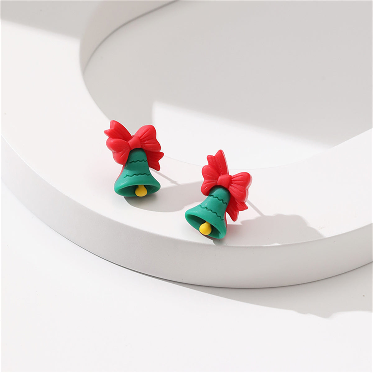 Green and Red Resin Silver-Plated Bow Bell Stud Earrings, silver stud earrings for women, front view