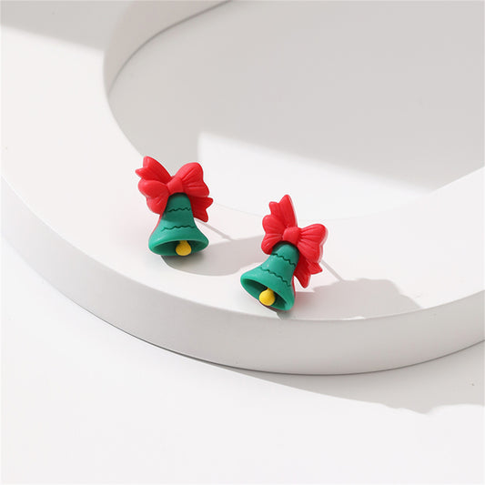 Green and Red Resin Silver-Plated Bow Bell Stud Earrings, silver stud earrings for women, front view