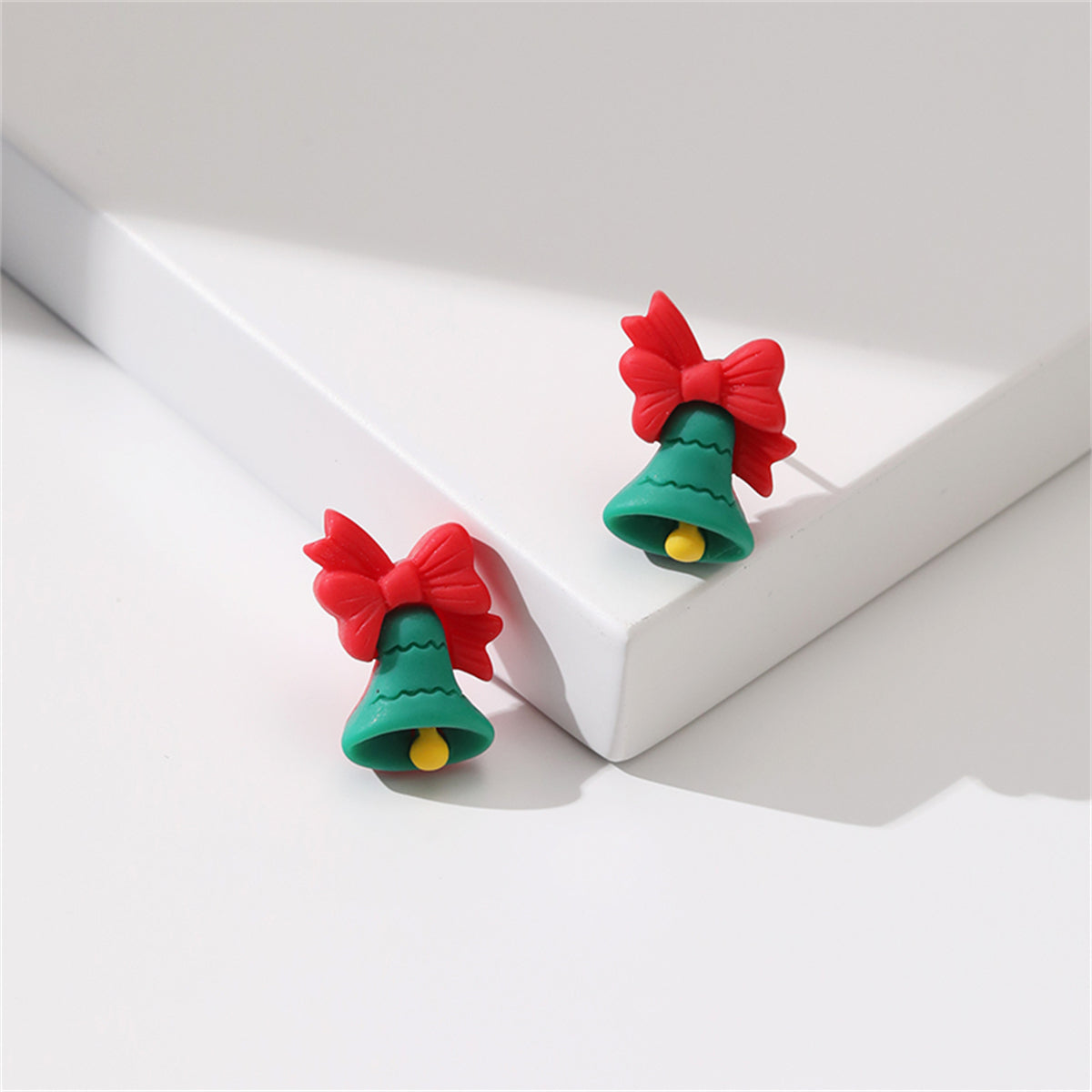 Green and Red Resin Silver-Plated Bow Bell Stud Earrings, silver stud earrings for women, detail close-up