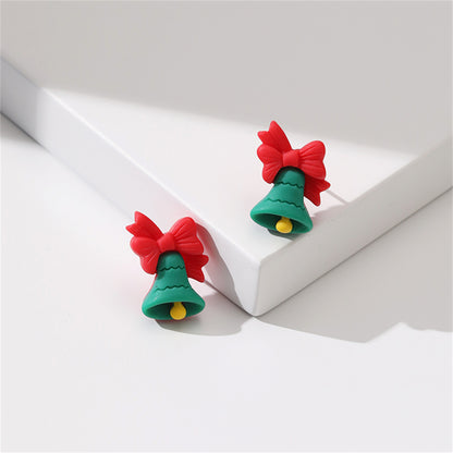 Green and Red Resin Silver-Plated Bow Bell Stud Earrings, silver stud earrings for women, detail close-up
