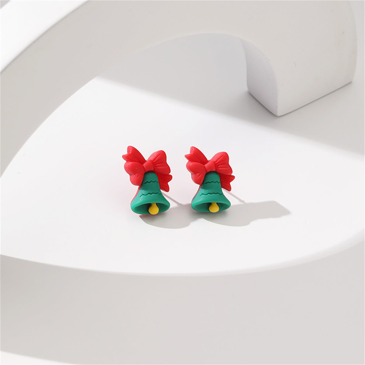 Green and Red Resin Silver-Plated Bow Bell Stud Earrings, silver stud earrings for women, lifestyle look