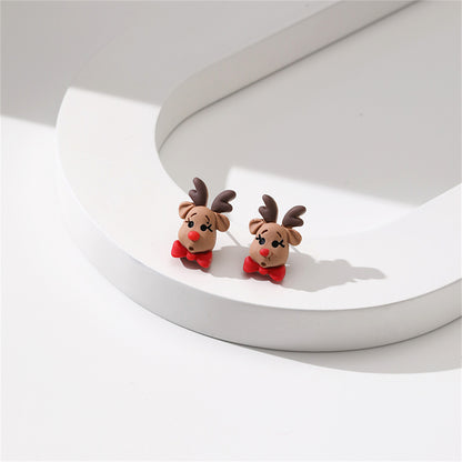 Green and Red Resin Silver-Plated Reindeer Bow Stud Earrings, silver stud earrings for women, front view