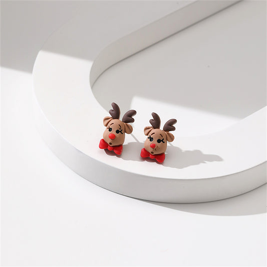 Green and Red Resin Silver-Plated Reindeer Bow Stud Earrings, silver stud earrings for women, front view