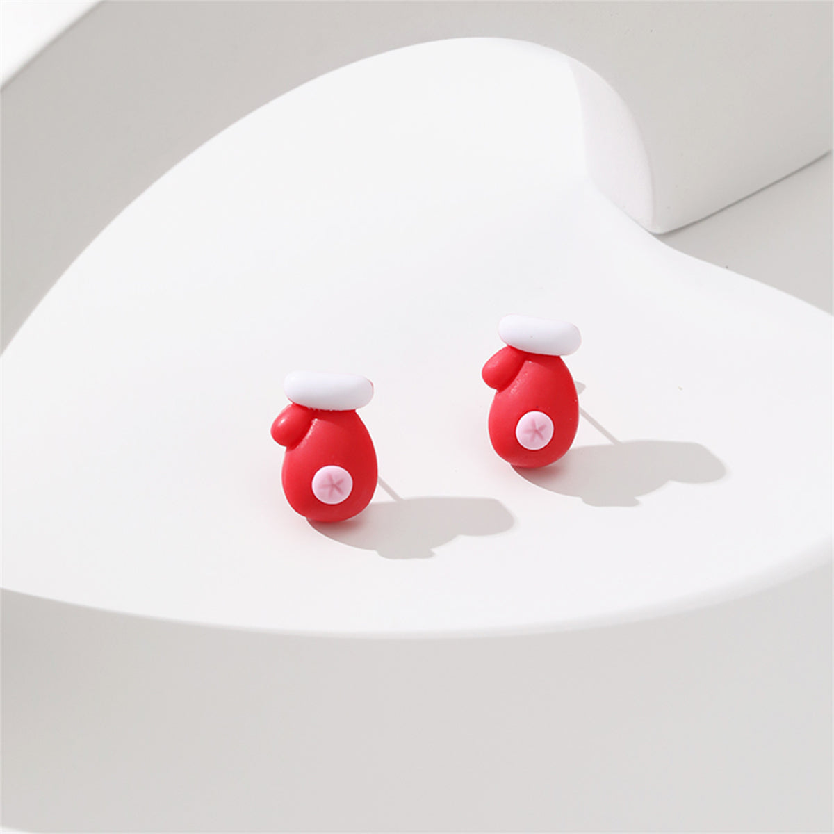Red and White Resin Silver-Plated Gloves Stud Earrings, silver stud earrings for women, botanical inspired, detail close-up