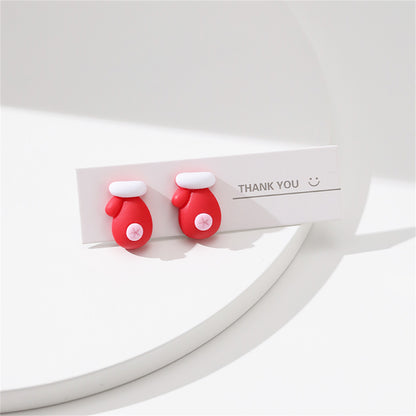 Red and White Resin Silver-Plated Gloves Stud Earrings, silver stud earrings for women, botanical inspired, side view