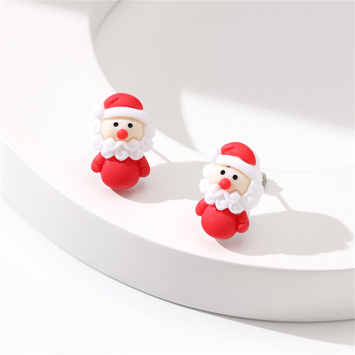 Red and White Resin Silver-Plated Santa Stud Earrings, silver stud earrings for women, detail close-up