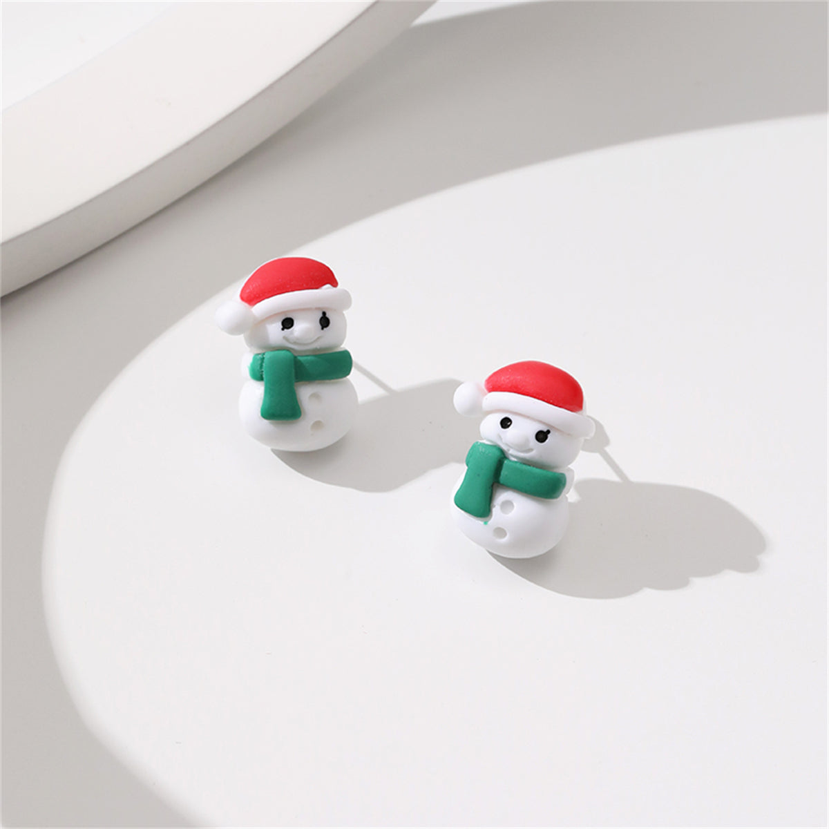 Red and Green Resin Silver-Plated Snowman Stud Earrings, silver stud earrings for women, dainty minimalist design, front view