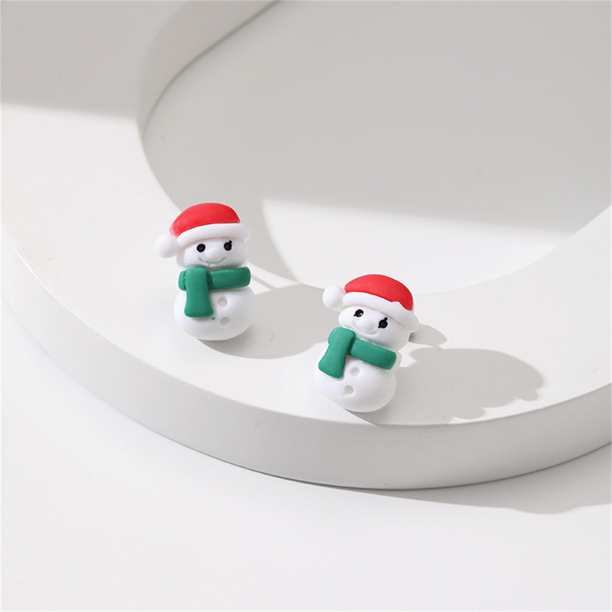 Red and Green Resin Silver-Plated Snowman Stud Earrings, silver stud earrings for women, detail close-up