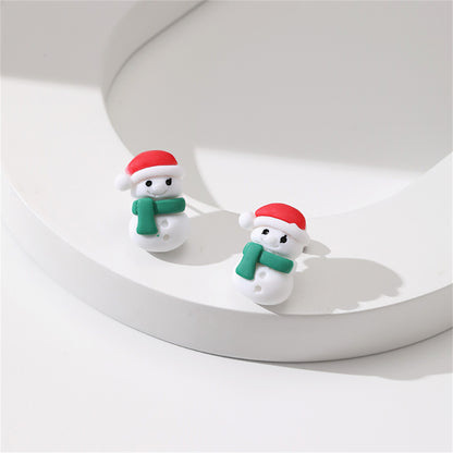 Red and Green Resin Silver-Plated Snowman Stud Earrings, silver stud earrings for women, detail close-up