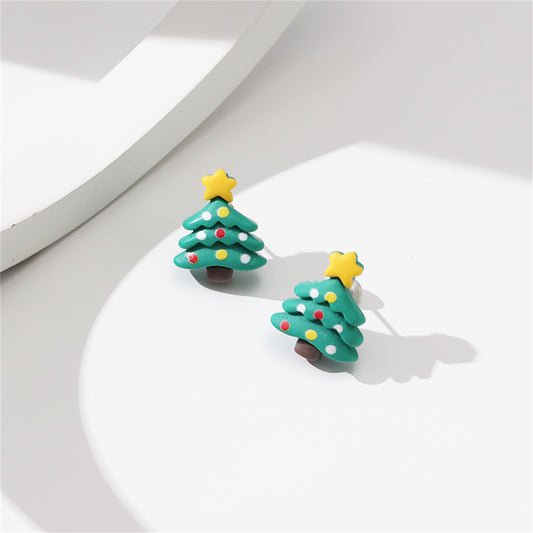 Yellow and Green Festive Tree Stud Earrings, stud earrings for women, elegant gift for her, front view