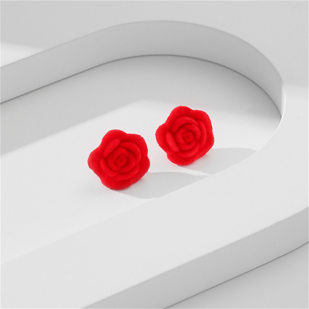 Red Flocking & Silver-Plated Flocked Rose Stud Earrings