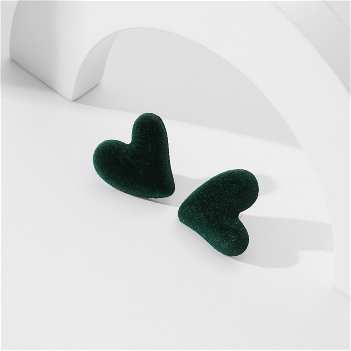 Green Flocking and Silver-Plated Irregular Heart Stud Earrings, silver stud earrings for women, front view