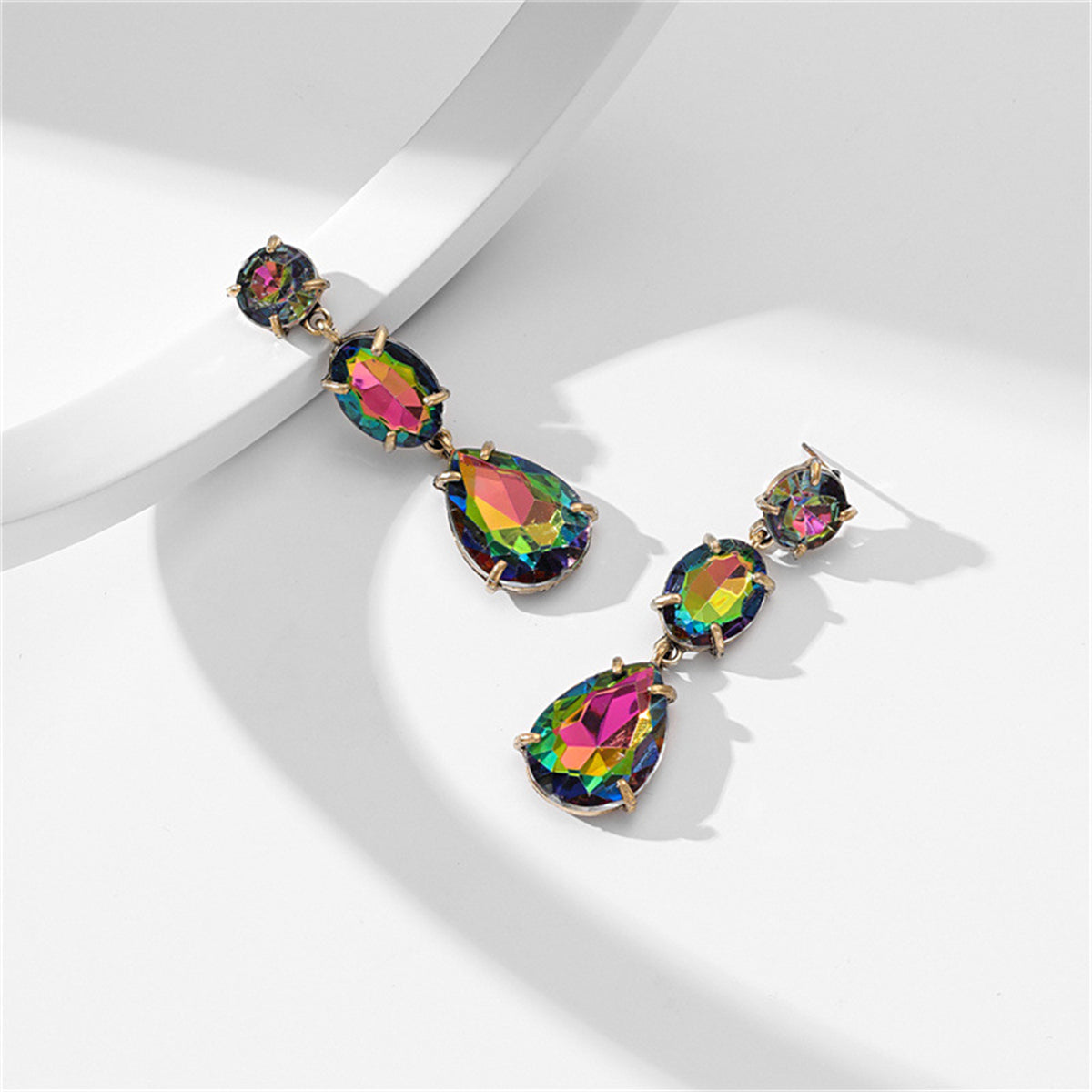 Iridescent Crystal Tiered Pear-Cut Drop Earrings, drop earrings for women, botanical inspired, front view