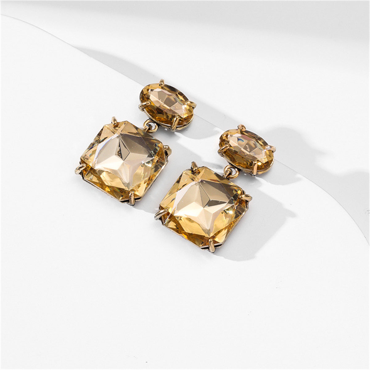 Champagne Crystal and 18K Gold-Plated Square Drop Earrings, gold drop earrings for women, vintage-inspired design, front view