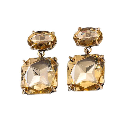Champagne Crystal and 18K Gold-Plated Square Drop Earrings, gold drop earrings for women, vintage-inspired design, side view