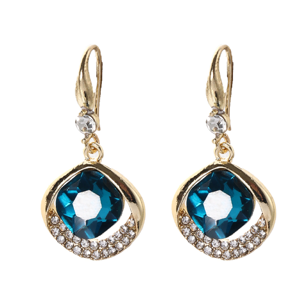 Blue Crystal and Cubic Zirconia 18K Gold-Plated Diamond-Shape Drop Earrings, gold drop earrings for women, side view