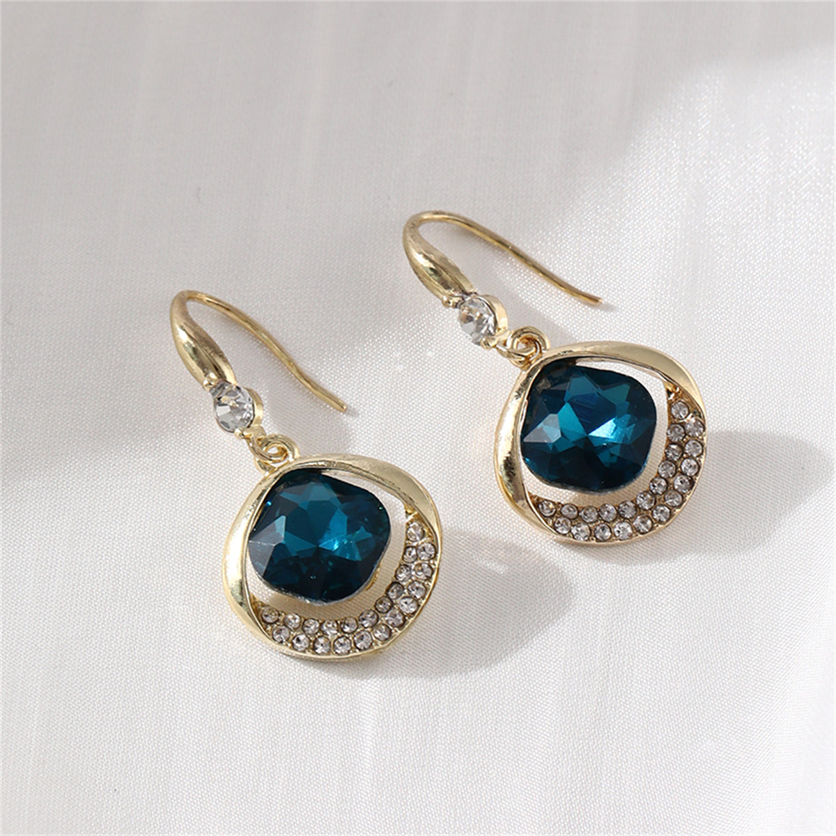 Blue Crystal and Cubic Zirconia 18K Gold-Plated Diamond-Shape Drop Earrings, gold drop earrings for women, front view