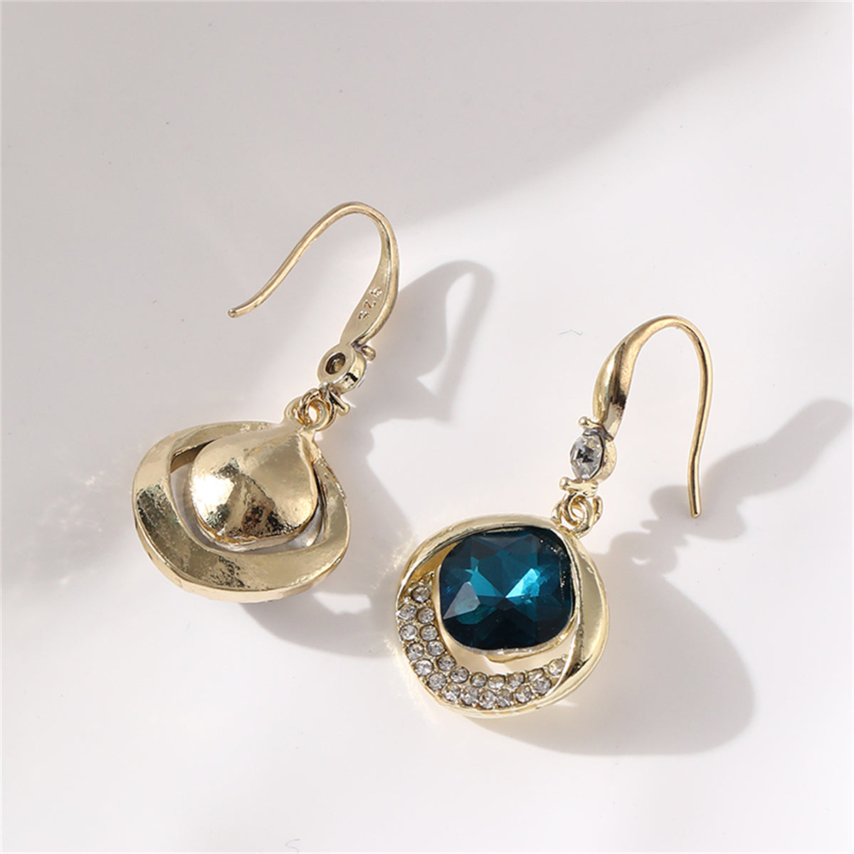 Blue Crystal and Cubic Zirconia 18K Gold-Plated Diamond-Shape Drop Earrings, gold drop earrings for women, detail close-up