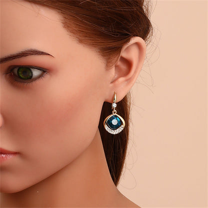 Blue Crystal and Cubic Zirconia 18K Gold-Plated Diamond-Shape Drop Earrings, gold drop earrings for women, lifestyle look