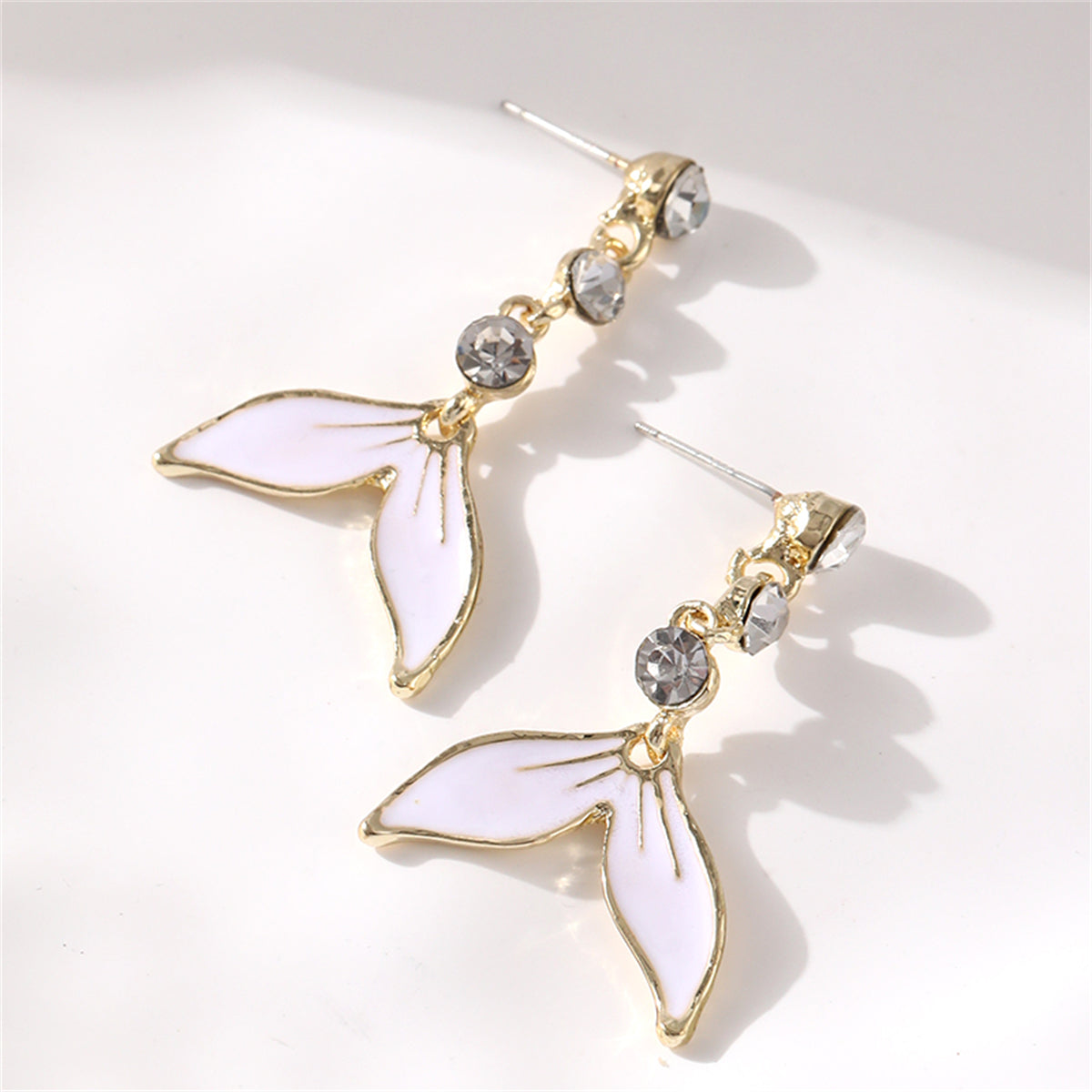 White Enamel and Cubic Zirconia 18K Gold-Plated Fishtail Drop Earrings, gold drop earrings for women, detail close-up