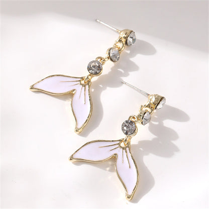 White Enamel and Cubic Zirconia 18K Gold-Plated Fishtail Drop Earrings, gold drop earrings for women, detail close-up