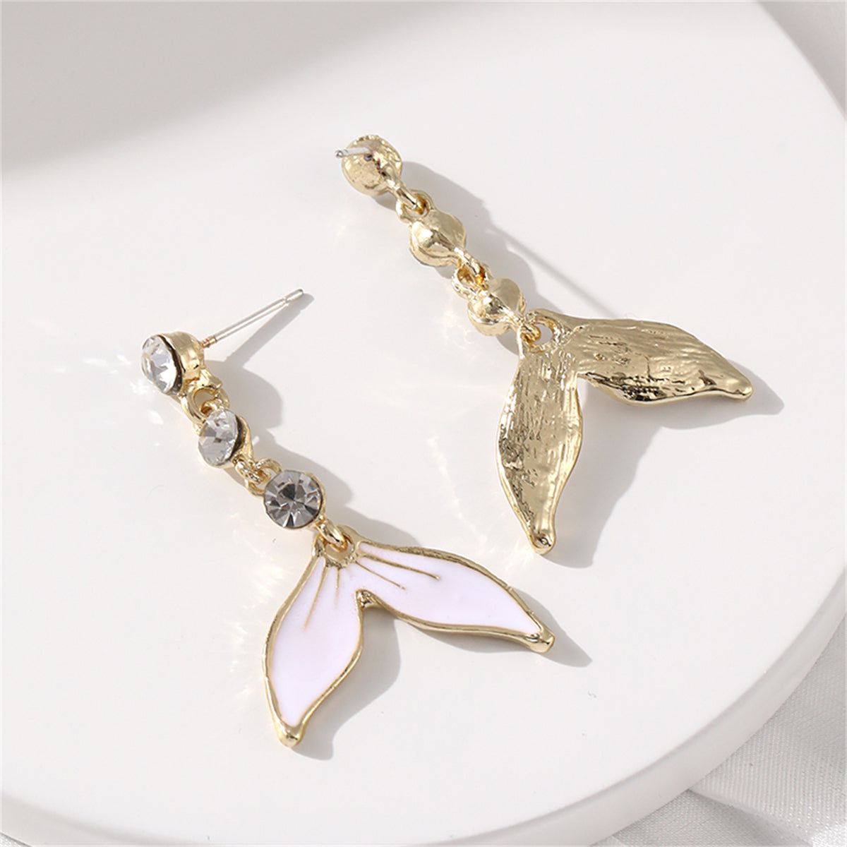 White Enamel and Cubic Zirconia 18K Gold-Plated Fishtail Drop Earrings, gold drop earrings for women, lifestyle look