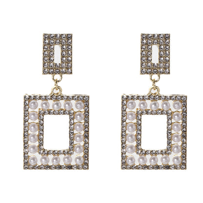 Pearl and Cubic Zirconia 18K Gold-Plated Openwork Rectangle Drop Earrings, gold drop earrings for women, front view