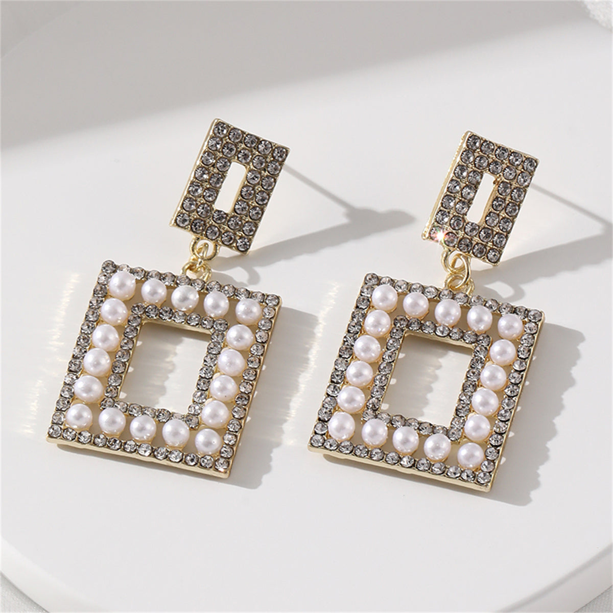 Pearl and Cubic Zirconia 18K Gold-Plated Openwork Rectangle Drop Earrings, gold drop earrings for women, side view