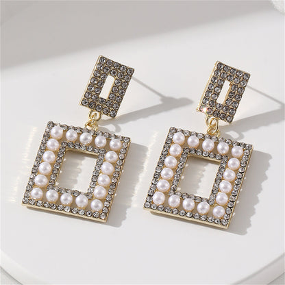 Pearl and Cubic Zirconia 18K Gold-Plated Openwork Rectangle Drop Earrings, gold drop earrings for women, side view