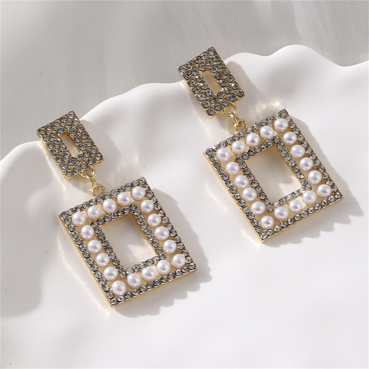 Pearl and Cubic Zirconia 18K Gold-Plated Openwork Rectangle Drop Earrings, gold drop earrings for women, detail close-up