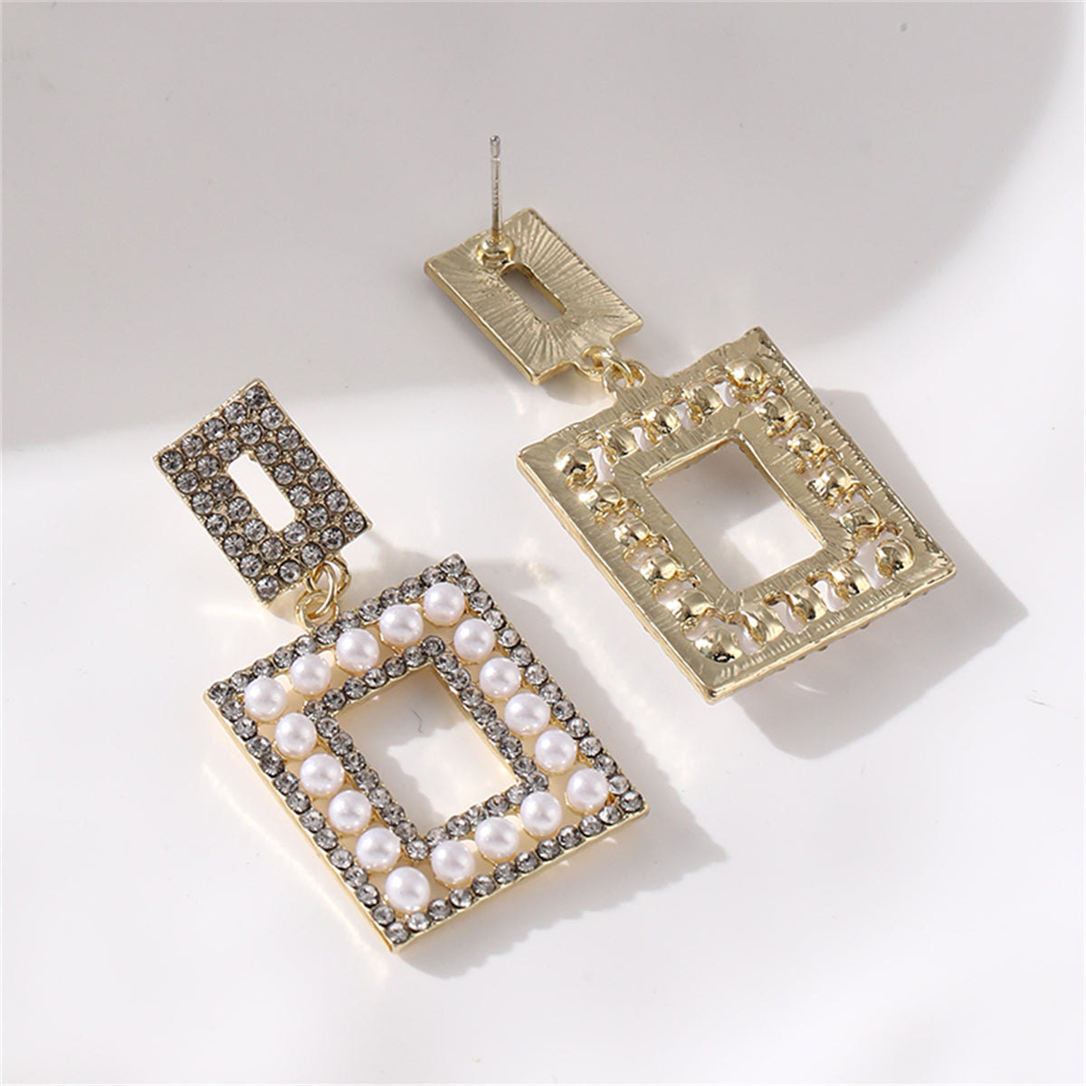 Pearl and Cubic Zirconia 18K Gold-Plated Openwork Rectangle Drop Earrings, gold drop earrings for women, lifestyle look