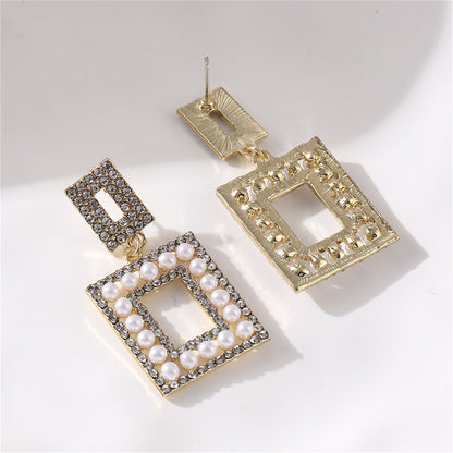 Pearl and Cubic Zirconia 18K Gold-Plated Openwork Rectangle Drop Earrings, gold drop earrings for women, lifestyle look