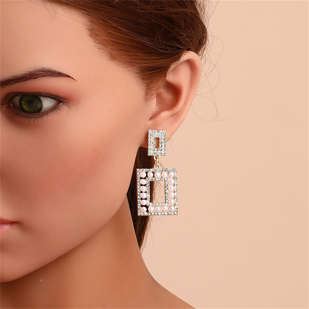 Pearl and Cubic Zirconia 18K Gold-Plated Openwork Rectangle Drop Earrings, gold drop earrings for women, styled look