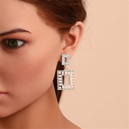 Pearl and Cubic Zirconia 18K Gold-Plated Openwork Rectangle Drop Earrings, gold drop earrings for women, styled look