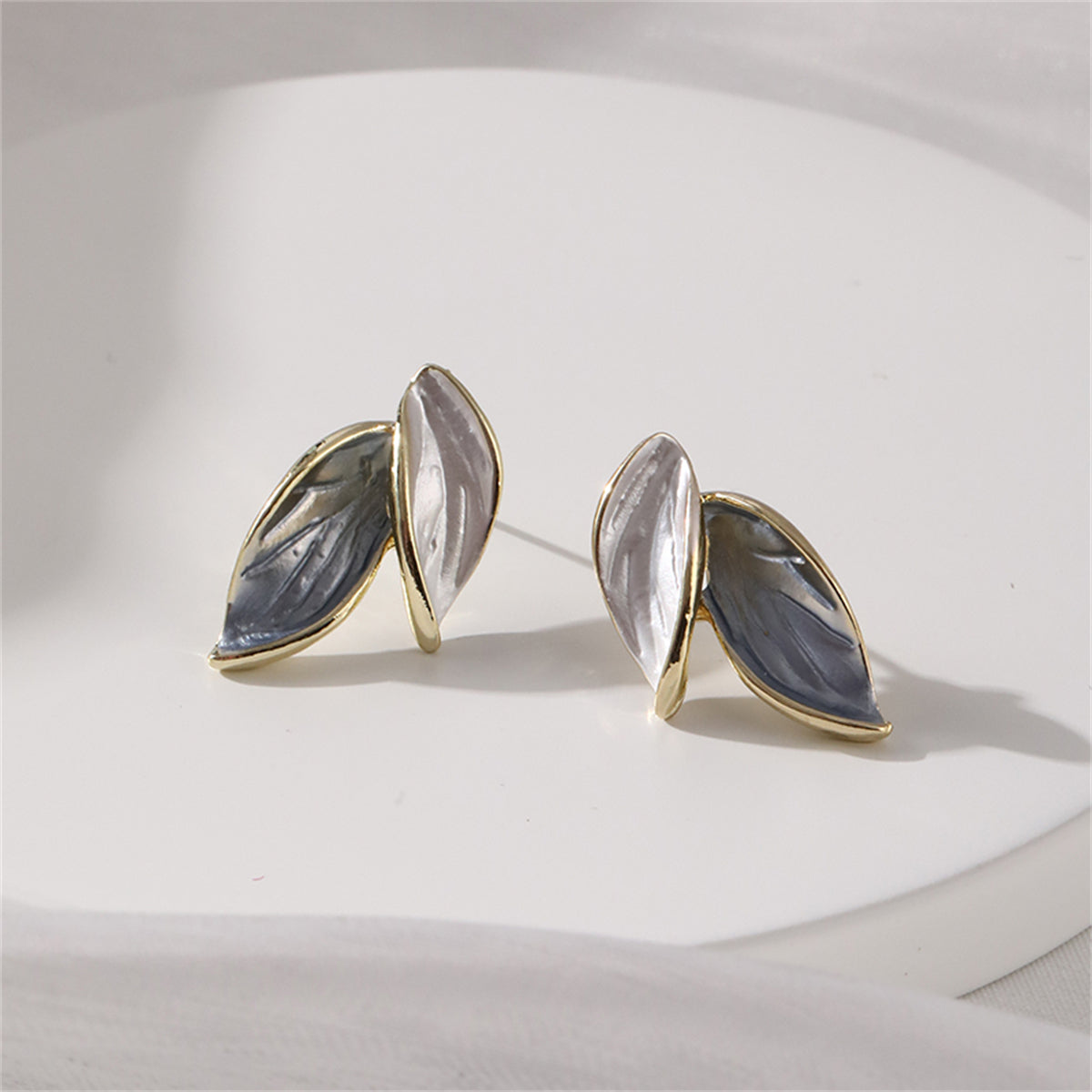 Green Enamel and 18K Gold-Plated Leaves Stud Earrings, gold stud earrings for women, dainty minimalist design, front view