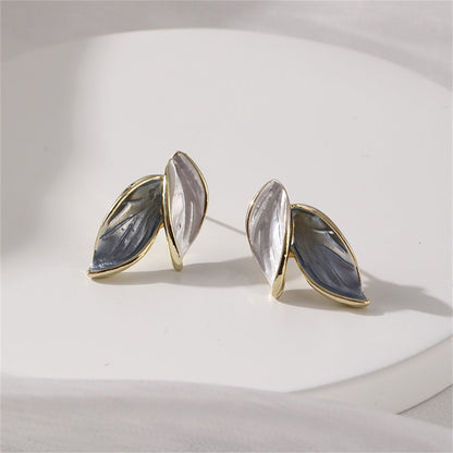 Green Enamel and 18K Gold-Plated Leaves Stud Earrings, gold stud earrings for women, dainty minimalist design, front view