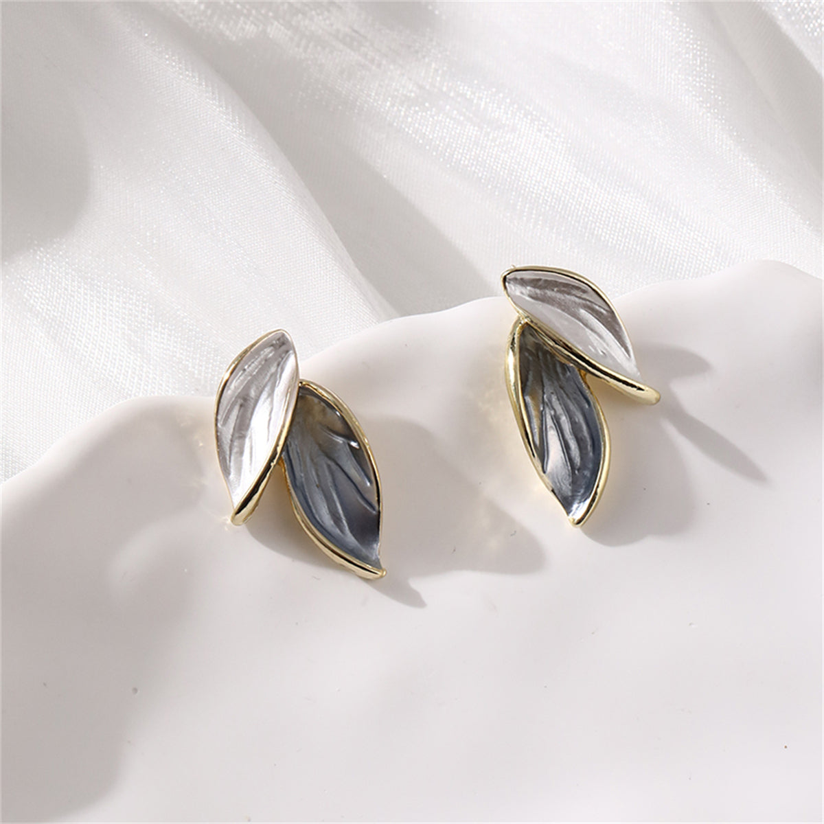 Green Enamel and 18K Gold-Plated Leaves Stud Earrings, gold stud earrings for women, detail close-up