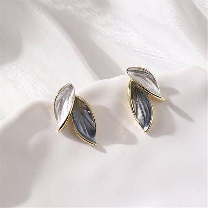 Green Enamel and 18K Gold-Plated Leaves Stud Earrings, gold stud earrings for women, detail close-up