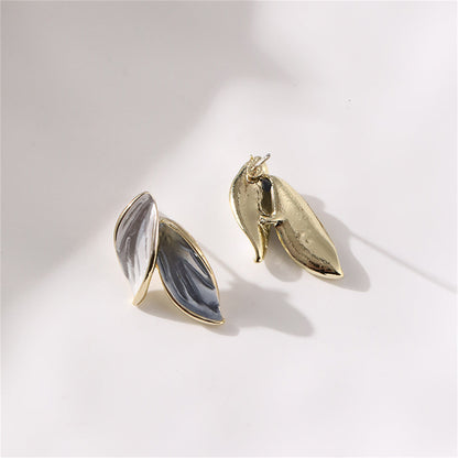 Green Enamel and 18K Gold-Plated Leaves Stud Earrings, gold stud earrings for women, dainty minimalist design, lifestyle look