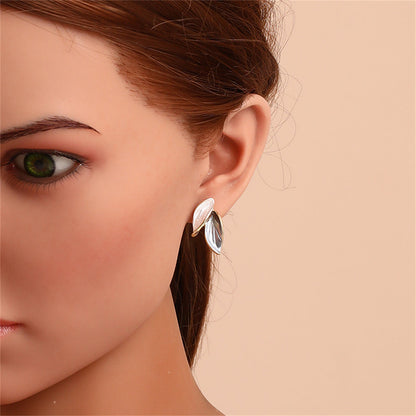 Green Enamel and 18K Gold-Plated Leaves Stud Earrings, gold stud earrings for women, dainty minimalist design, styled look