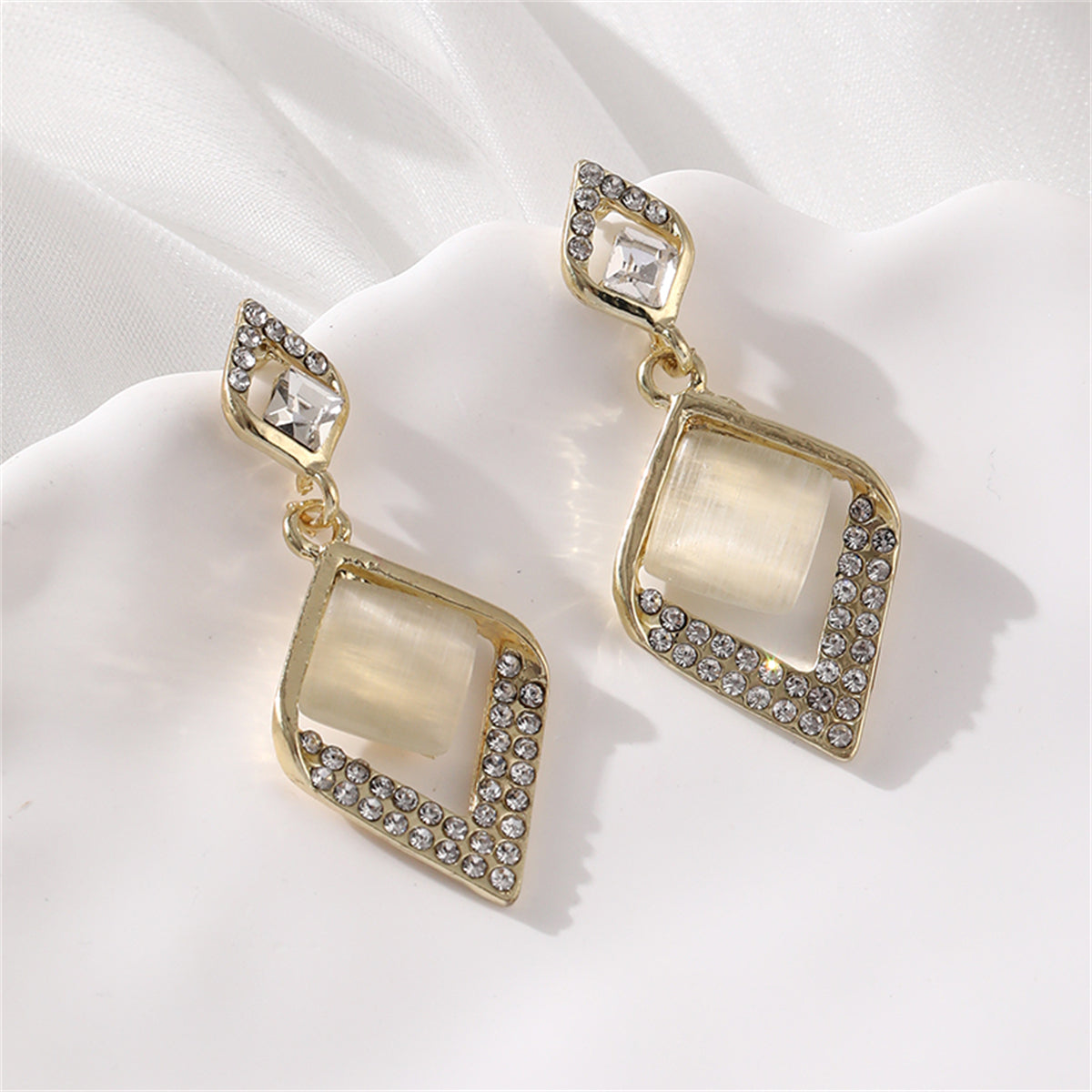 Cats Eye and Crystal Rhombus Drop Earrings, drop earrings for women, everyday style, front view