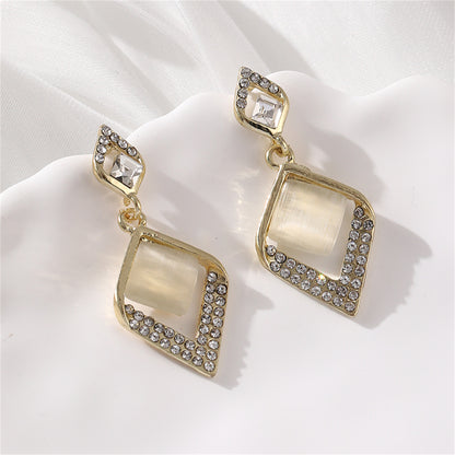Cats Eye and Crystal Rhombus Drop Earrings, drop earrings for women, everyday style, front view