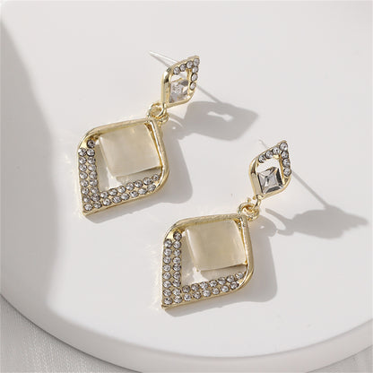 Cats Eye and Crystal Rhombus Drop Earrings, drop earrings for women, everyday style, detail close-up
