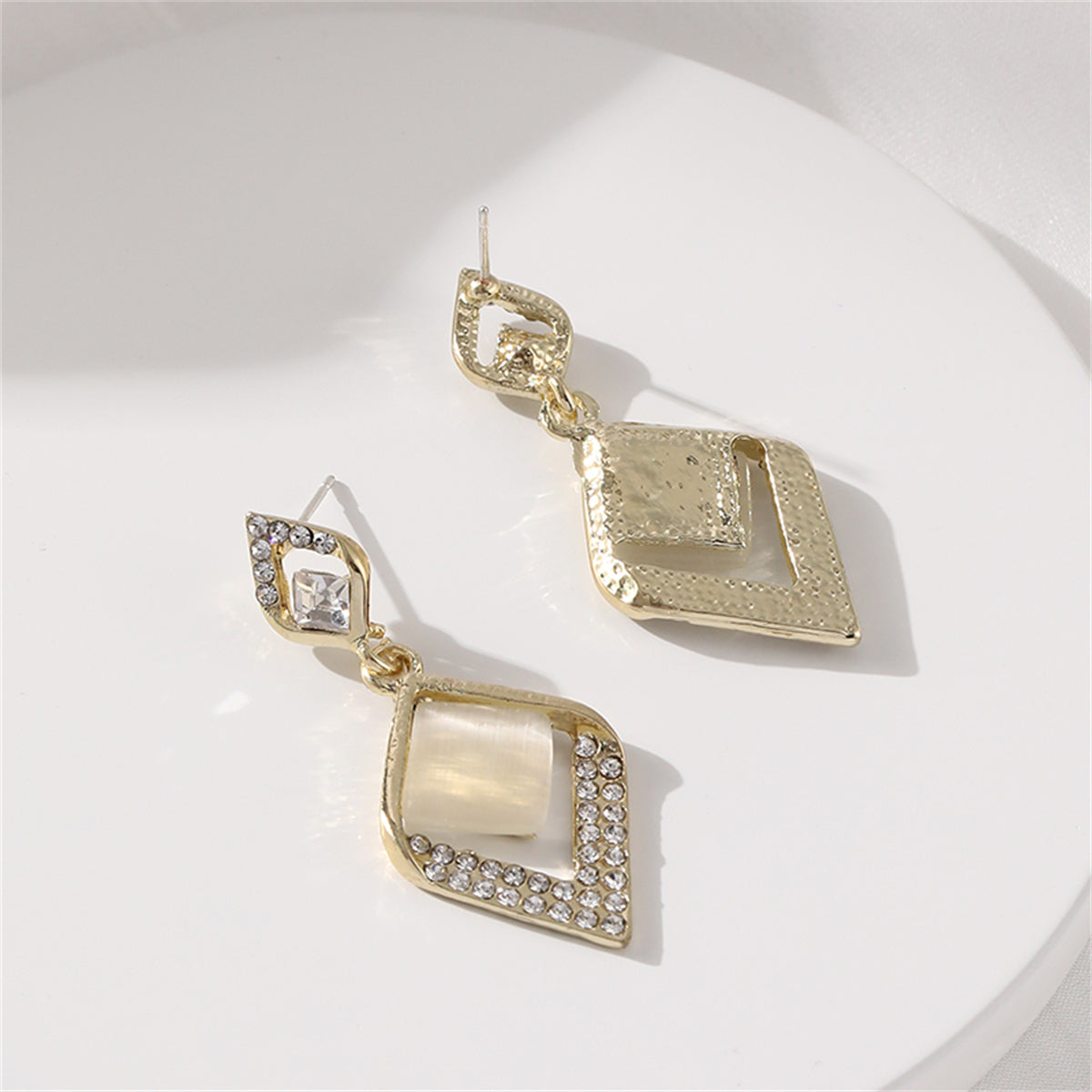 Cats Eye and Crystal Rhombus Drop Earrings, drop earrings for women, everyday style, lifestyle look