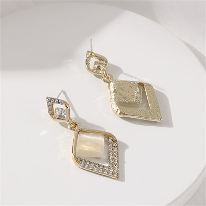 Cats Eye and Crystal Rhombus Drop Earrings, drop earrings for women, everyday style, lifestyle look