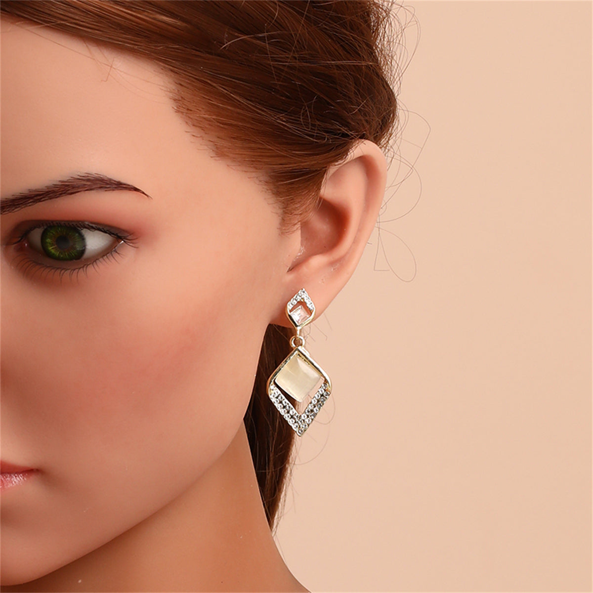 Cats Eye and Crystal Rhombus Drop Earrings, drop earrings for women, everyday style, side view