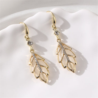 Cats Eye and Cubic Zirconia 18K Gold-Plated Leaf Drop Earrings, gold drop earrings for women, front view