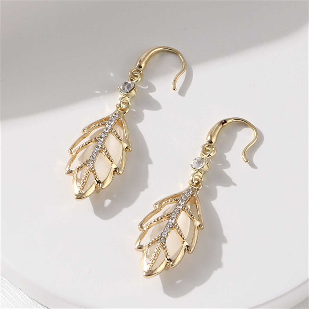 Cats Eye and Cubic Zirconia 18K Gold-Plated Leaf Drop Earrings, gold drop earrings for women, side view