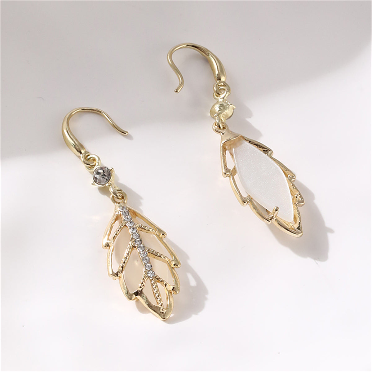 Cats Eye and Cubic Zirconia 18K Gold-Plated Leaf Drop Earrings, gold drop earrings for women, detail close-up